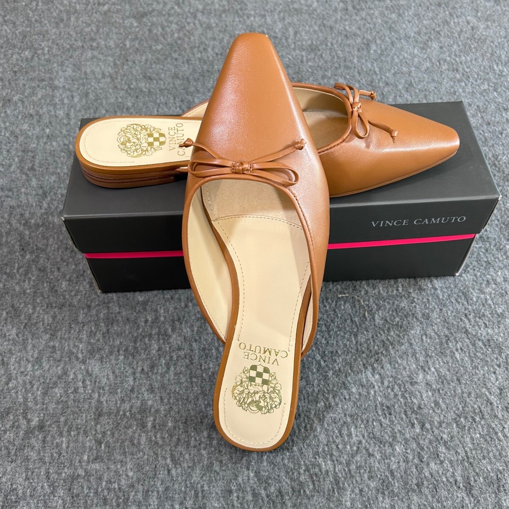 Vince Camuto Womens Cognac Brown Leather Pointed Toe Bow Mule Flats Size 7.5M 38